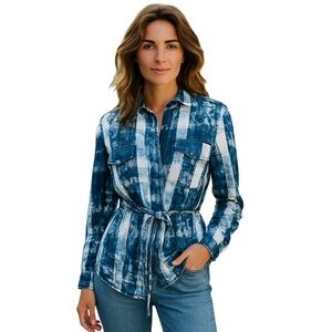 Le Chateau Denim Blue White TieDye Long Sleeve Shirt Tie Waist Boho Chic Size S